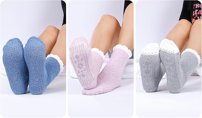 HUGSWEET 6 Pairs Thick Fuzzy Socks with Grip Cozy Non Slip Hospital Socks Home Fluffy Warm Slipper Socks Gifts for Women - Bloomnest