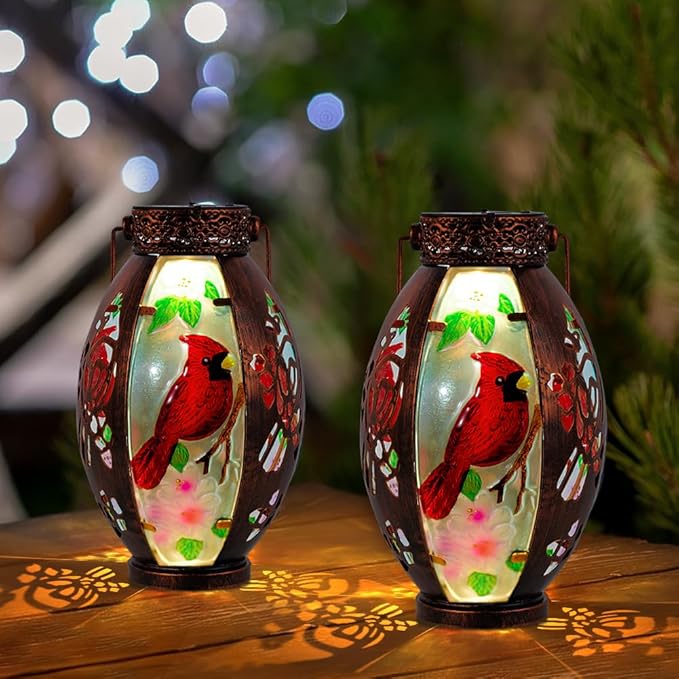 Starsoul 2 PC Cardinal Outdoor Solar Lantern Cardinal Solar Light Waterproof Tabletop Lamp with Hollowed-Out Design for Yard Patio Garden Pathway - Bloomnest