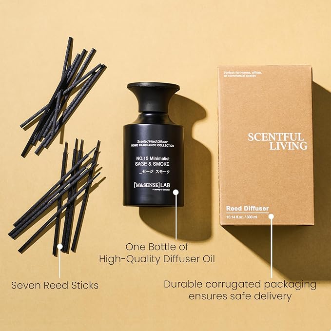M&SENSE Reed Diffuser Set, 10.14 oz Non Toxic Reed Diffuser Sage Smoke Scented Home Fragrance Aromatherapy Diffuser for Bedroom Bathroom Office Home Decor Housewarming Gift
