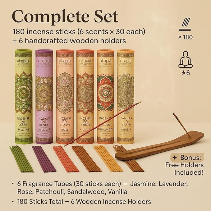 Premium Incense Sticks, Lavender, Sandalwood, Jasmine, Patchouli, Nag Champa, Vanilla, Variety Gift Pack 180 Sticks, Includes a Holder in Each Box - Bloomnest