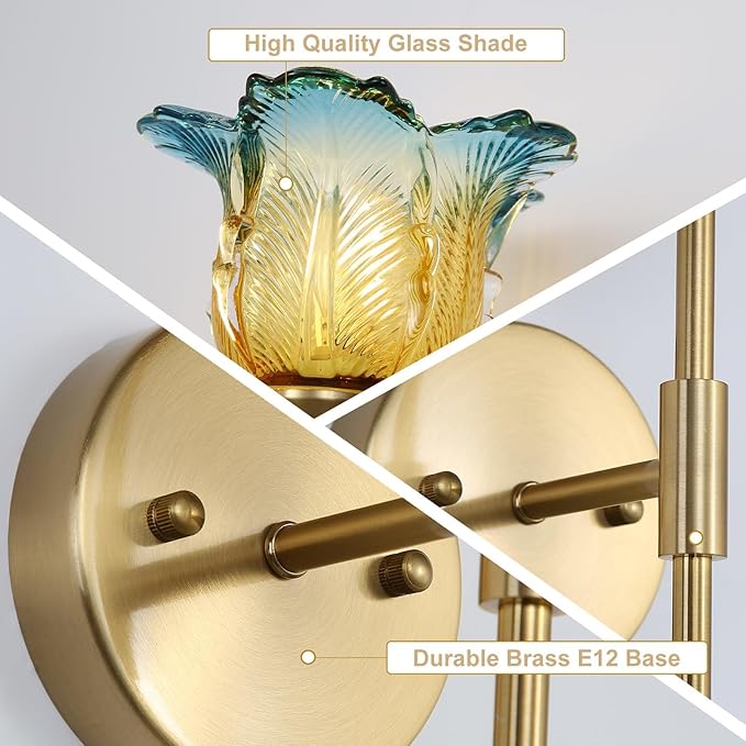 2 Pack Gold Wall Sconce with Modern Flower Glass Shades, Modern Mid Century Bathroom Vanity Wall Light Fixtures, Industrial Brushed Brass Wall Lamp, for Bedroom Mirror Living Room, ETL Listed - Bloomnest