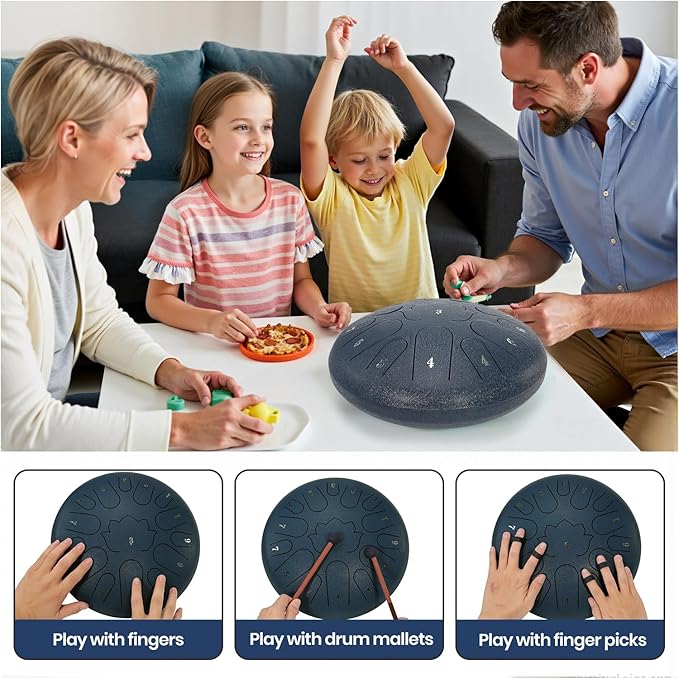 Steel Tongue Drum, 12 Inches 15 Notes Hand Pan Drum, Rain Drums, with Music Book, Handpan Drum Mallet, and Carry Bag (Navy Blue, 12 Inch)