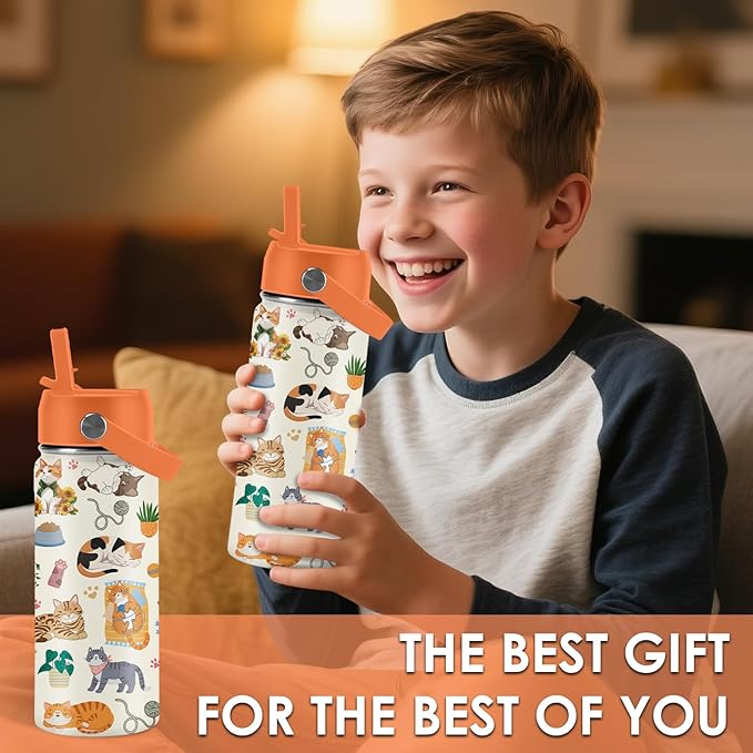 Cat Gifts for Kids - 16 Oz Orange Cat Water Bottle with Straw Lid, Stainless Steel Insulated Tumbler, Leak Proof, for Boys & Girls, School, Travel - Funny Cats Lovers Children Birthday Gifts Cups(1pc) - Bloomnest