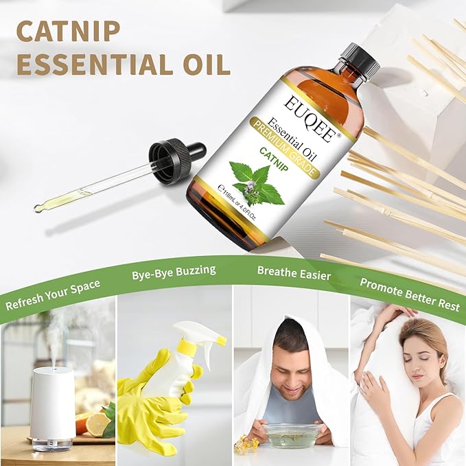 EUQEE 118ML Catnip Essential Oil, Pure & Fresh Herbal Aroma Catnip Essential Oil with Glass Dropper Great for Air Refresher, Massage, Diffuser, DIY Soap, Candle Making, Aromatherapy, Sleep EUQEE