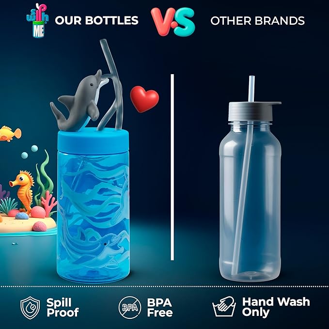 Kids Water Bottle, Toddler Cups, Tumbler with Lid and Straw, Travel Sippy Cup for Water or Milk, Kids Cups with Lids for Toddlers 3 and Up, BPA Free Plastic, 12 oz (Sealife Dolphin) - Bloomnest
