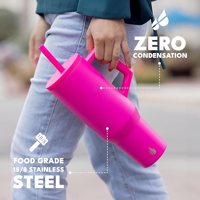 Elemental 40 oz Tumbler with Handle and Straw - Spill Proof Insulated Stainless Steel Commuter for Hot and Cold Beverages - Travel Coffee Mug with 2 Straws & Spill Proof Lid - 40oz - Hot Pink - Bloomnest