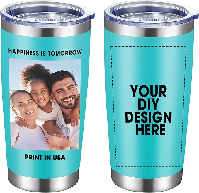 Personalized Custom Tumbler Print in USA 20oz Stainless Steel Coffee Cup with Lid & Straw Double Wall Insulated Tumbler with Colorful Text Logo Photo - Bloomnest