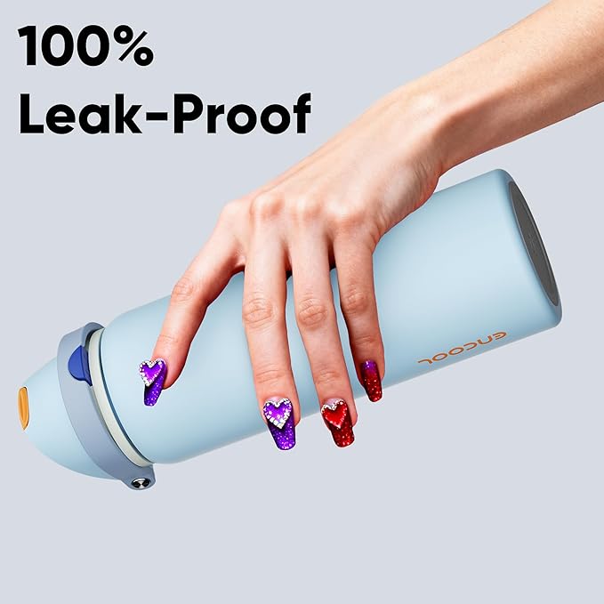 ENCOOL Insulated Water Bottle with Straw Stainless Steel Water Bottle with Push Button Lid, Leak-Proof & BPA-Free, Keeps Cold for 24 Hours for Sports, Travel, Gym (32 oz, Hazy Blue-Blue) ENCOOL