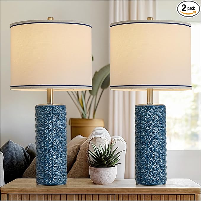 27" Farmhouse Bedside Table Lamp Set of 2, Bule Modern Ceramic Lamps for Living Room, 3 Color Temperature Rustic Table Lamps for Bedroom, Night Stands, Dorm,Office, Home Décor (Bulb Included) - Bloomnest