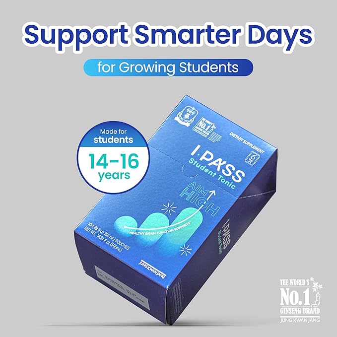 JungKwanJang iPass Student Tonic - Adaptogen Energy Drink Supplement with Korean Red Ginseng, Jujube, Astragalus & Angelica - Daily Support for School and Activities (30 Pouches, 1.69 fl oz) - Bloomnest