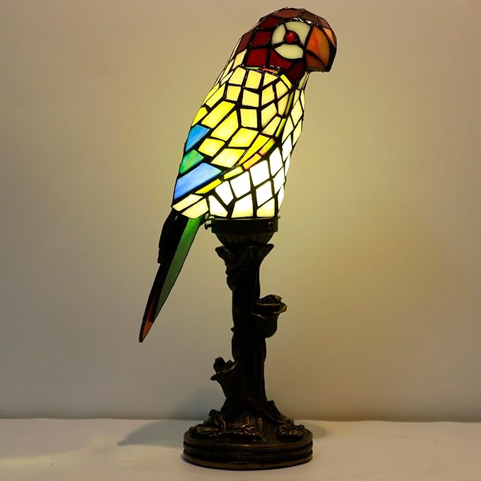 Small Tiffany Lamp Parrot Table Lamp Stained Glass Accent Lamp 15.3 Inch Tall Mini Desk Bedside Night Light for Kids Bedroom (White) - Bloomnest