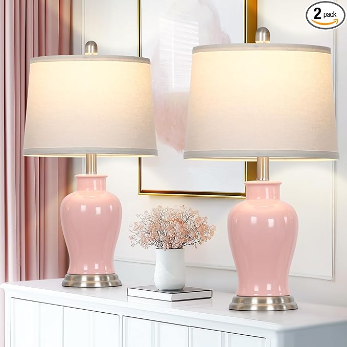 23" Pink Ceramic Table Lamps for Living Room, Modern Ceramic Lamps with Ginger Jar Design, Cute Bedside Lamp Set of 2, Elegant Bedroom Lamp for Nightstand Dining Room Side End Table Homedecor - Bloomnest