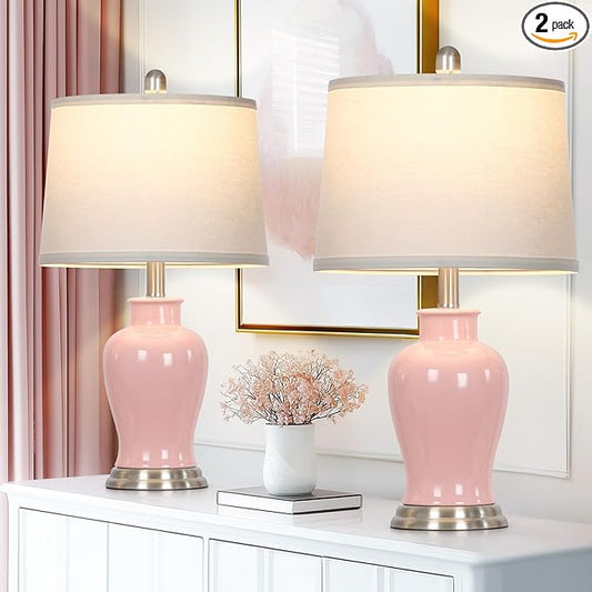 23" Pink Ceramic Table Lamps for Living Room, Modern Ceramic Lamps with Ginger Jar Design, Cute Bedside Lamp Set of 2, Elegant Bedroom Lamp for Nightstand Dining Room Side End Table Homedecor - Bloomnest