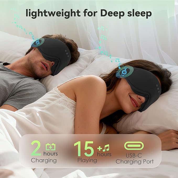 3D Bamboo Cotton Sleep Mask with Bluetooth 5.4 Headphone, Music Wireless Bluetooth Blackout Eye Mask for Side Sleepers, Earphones HD Speaker Microphone for Travel, Gifts for Women Men, Black - Bloomnest