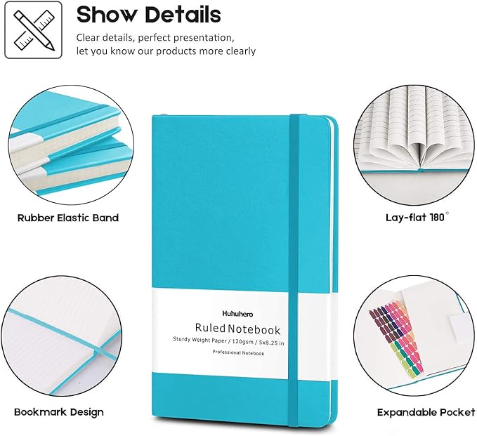 Huhuhero Notebooks Journal, Ruled Notebook, Premium Thick Paper Lined Journal, Black Hardcover Notebook for Office Home School Business Writing Note Taking Journaling, 5"×8.25" (5, Teal) - Bloomnest