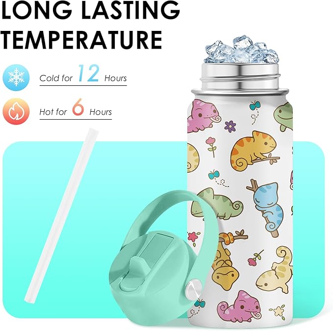 Axolotl Gifts for Girls - 16oz Green Axolotl Water Bottle with Straw Lid, Stainless Steel Insulated Tumbler, Leak Proof, for Boys, Sport, Travel, School - Animal Lovers Children Birthday Gift Cup(1pc) - Bloomnest