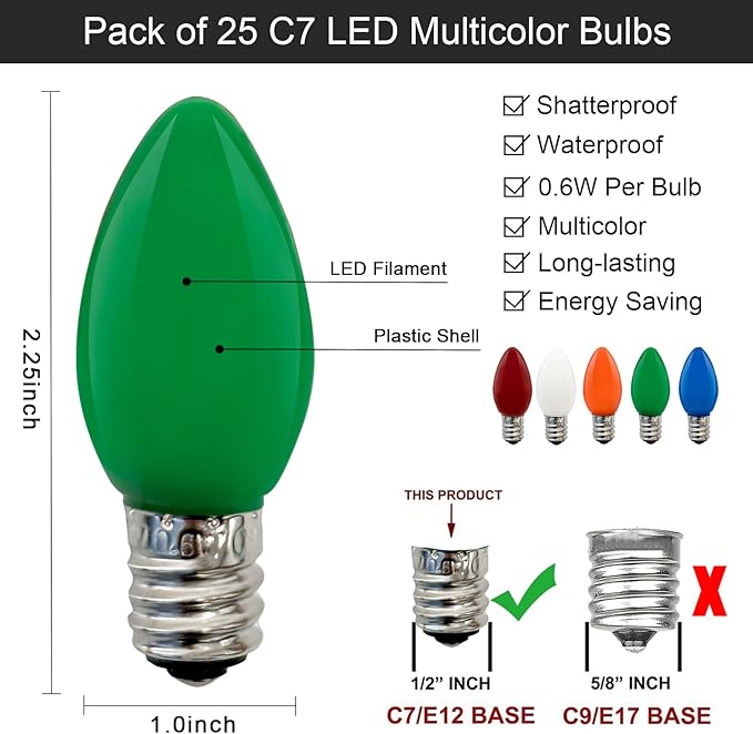 SUNSGNE 25 Pack C7 LED Multicolor Christmas Replacement Light Bulbs for Christmas Indoor Outdoor String Lights, E12/C7 Candelabra Base, 0.6 Watt - Bloomnest