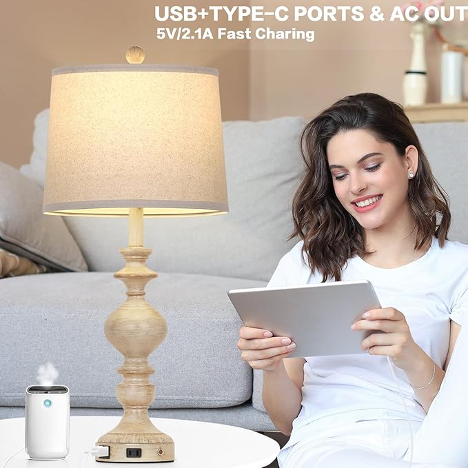 28" Farmhouse Table Lamps Set of 2, Rustic Lamp for Living Room with USB C+A Ports & AC Outlet, 3 Way Touch Control Resin Bedside Lamps, Retro Bedroom Lamp for Nightstand Side End Table Desk, Beige - Bloomnest