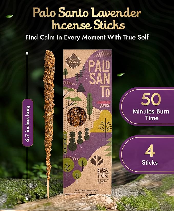Sagrada Madre 4pcs Wildly Harvested Palo Santo Incense Sticks (Lavender), 6.7” Long - Non-Toxic, Aromatic Incense Sticks (50 min Approx. Burning Time) to Heal & Calm Your Body and Environment SagradaMadre