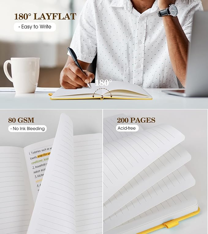 Lined Journal Notebook for Women, A5 Yellow Hardcover Leather Journals for Writing, 200 Pages Travel Daily Journal,Thick College Ruled Notebook for Work School, Note Taking, Business 5.75'' X 8.38'' - Bloomnest