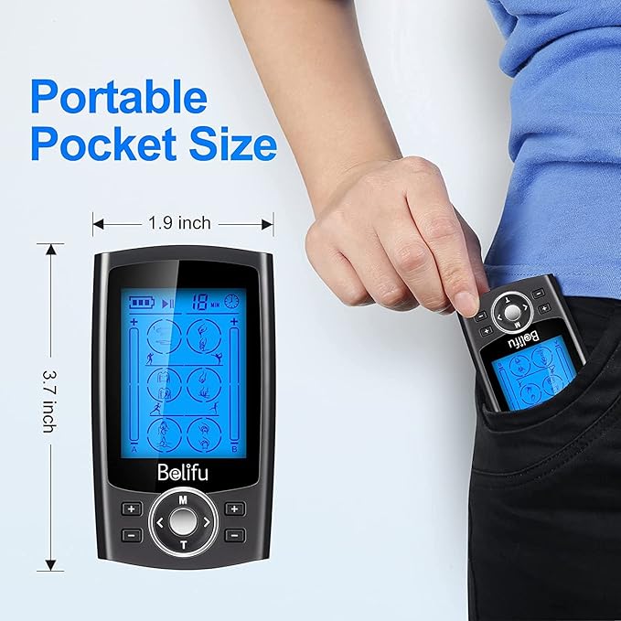 Belifu Dual Channel TENS EMS Unit 24 Modes Muscle Stimulator for Pain Relief Therapy, Electronic Pulse Massager Muscle Massager with 10 Pads, Dust-Proof Drawstring Storage Bag, Fastening Cable Ties Belifu