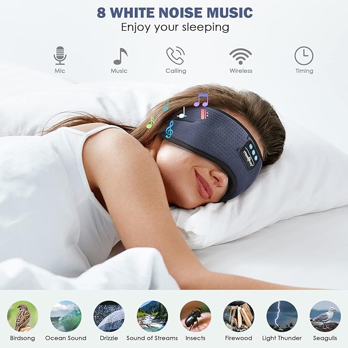 MUSICOZY White Noise Bluetooth Sleep Mask with 8 Soothing Sounds & 3D Wireless Sleep Headphones, Bluetooth Sleeping Headphones for Yoga Travel Office Relaxation, Tech Gadgets Gifts, Gray - Bloomnest