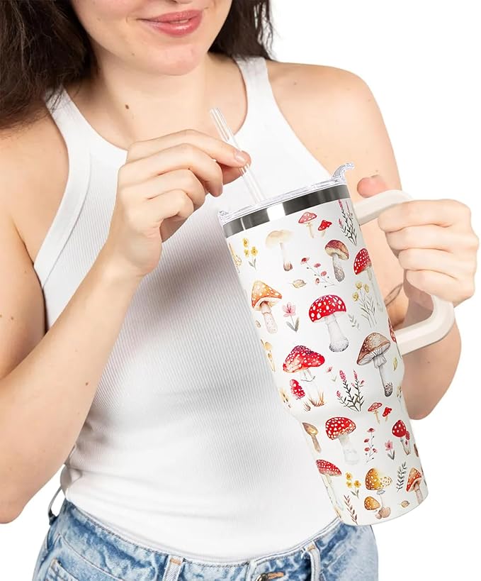 Ceovfoi 40 Oz Mushroom Stainless Steel Coffee Travel Mug Cup Water Bottle Tumbler with Handle Lid and Straw,Mushroom Decor,Mushroom Gifts for Women - Bloomnest