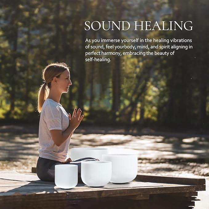Singing Bowl Set of 4 PCS 6" A Note 8" F Note 10" G Note 12" C Note Frosted Chakra Quartz Crystal Sound bowls With Carry Case Bag. - Bloomnest