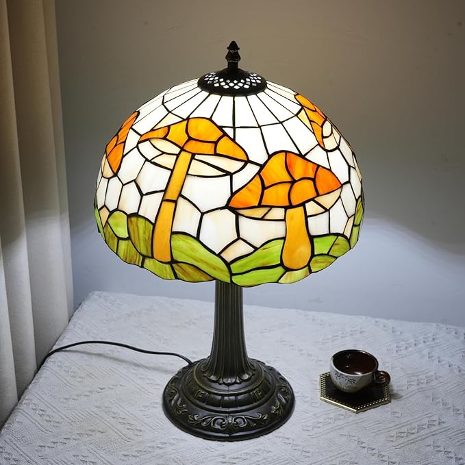 uniquel Vintage Orange mushroom Tiffany lamps Retro Style Stained Glass Table Lamp Cute Aesthetic Bedside Lamp for Bedroom nightstand Night Stand Lighting reading cottage decor desk lamp 12 inch E26 - Bloomnest