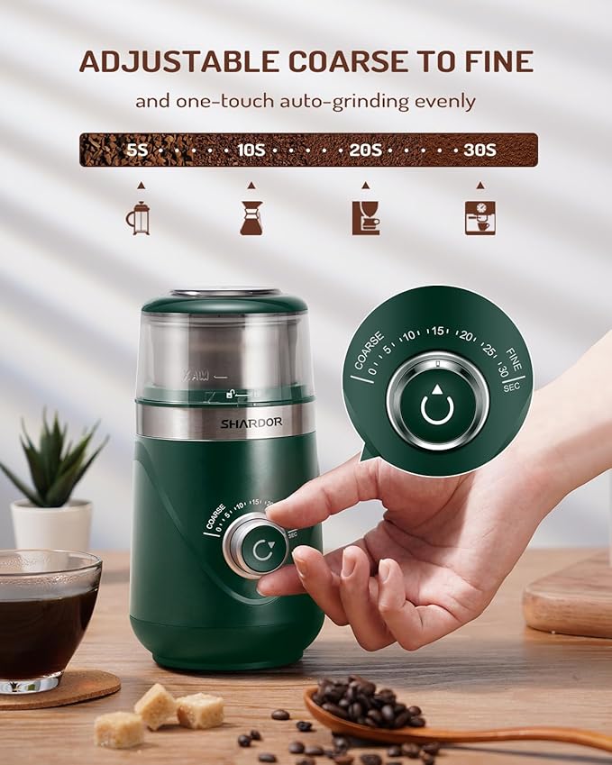 SHARDOR Electric Super Silent Blade Coffee Grinder, Timed Grind Control Rotary Knob, Adjustable Coarse to Fine for Coffee Beans, Spices & Herbs, with 1 Removable Stainless Steel Bowl, Green - Bloomnest