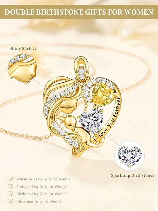 14K Gold Double Birthstone Heart Necklace for Women Mom, Mother Son/Daughter Pendant Necklace for Christmas Mother's Day Birthday Gifts for Wife Daughter Grandmom - Bloomnest