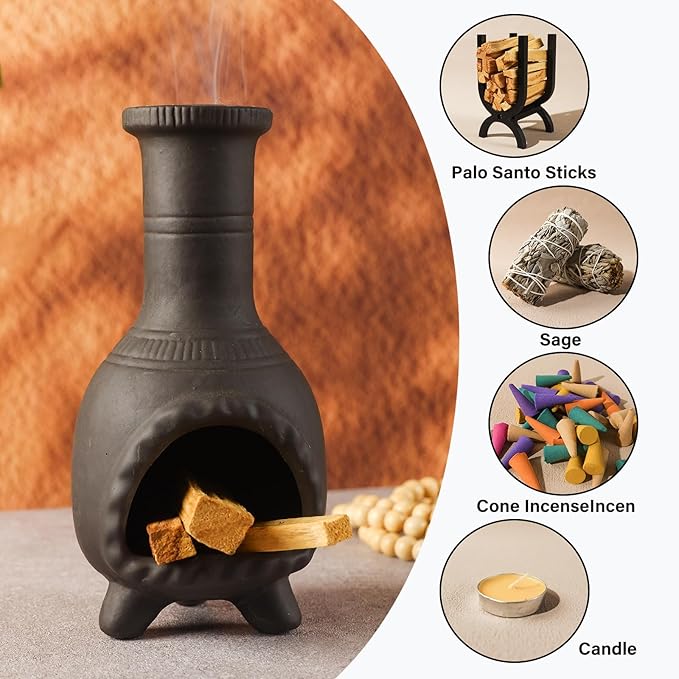 Handcrafted Palo Santo Burner–Mexican Style Clay Incense Dish for Aromatherapy and Stress Relief–Compatible with Wood Sticks, Sage,Cone Incense–Mini Home Altar with Unique Chimney Design - Bloomnest