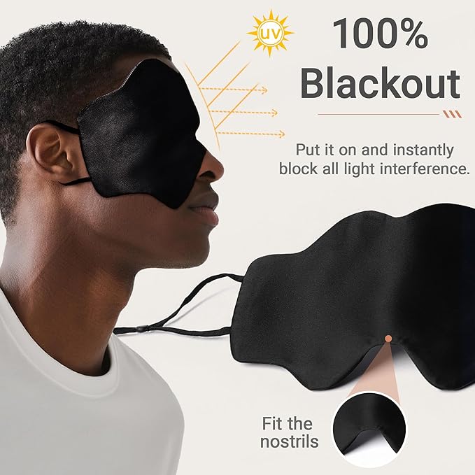 Black Natural Silk Eye Mask for Men & Women, Cloud-Shaped Lightweight Adjustable Hanging-Ear Design (8 Inches), Total Blackout Blindfold Gift Set for Travel by Timeless Artworks