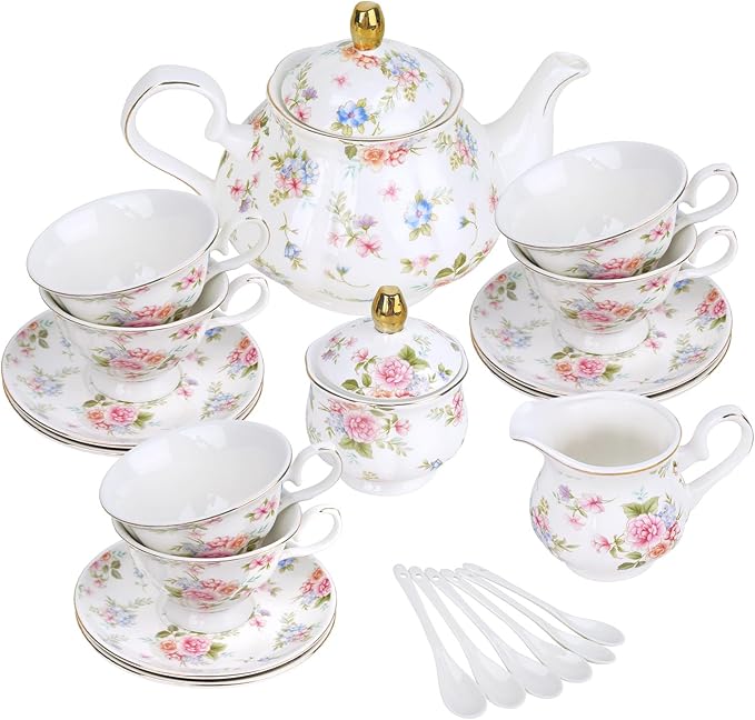 fanquare 21 Pieces Pink Blue Floral Porcelain Tea Set with Gold Trim, British Style Coffee Set for Adults, Vintage Romantic Gift Tea Sets for Wedding, Birthday, Women Tea Party - Bloomnest