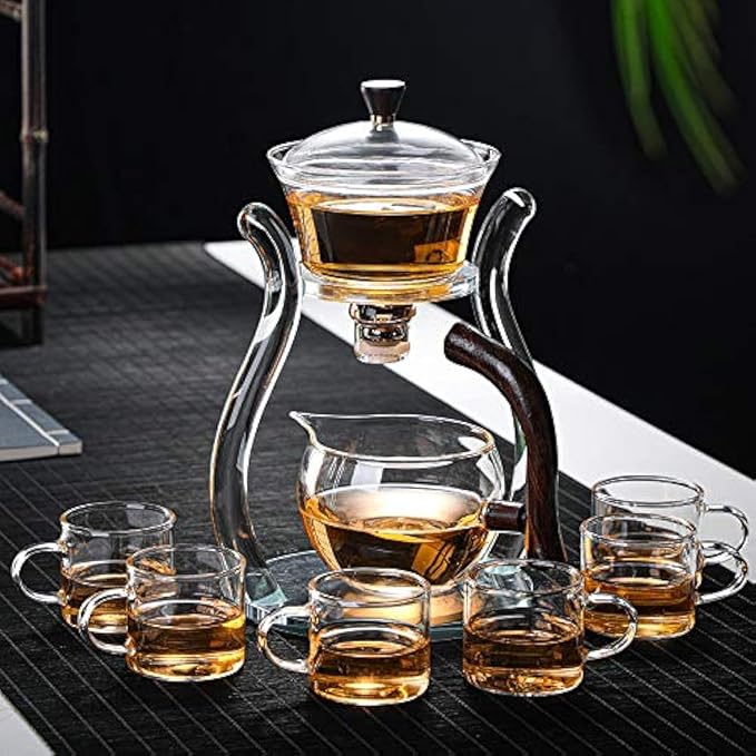 RORA Lazy Kungfu Glass Tea Set Semi Automatic Drip Rotating with Infuser Glass Teapot Set (6 cups) - Bloomnest