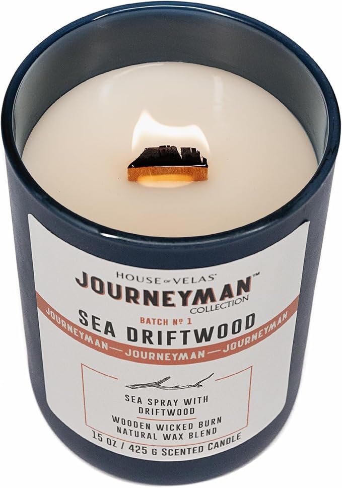 Journeyman Collection Candle, 15oz, Wooden Wick, Sea Driftwood, Large Painted Jar - Bloomnest