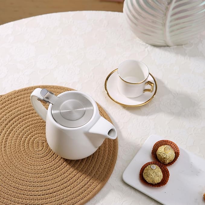 Ceramic Teapot With Stainless Steel Infuser, Heat Resistant, Perfect Tea Maker, White, 500ml/17oz