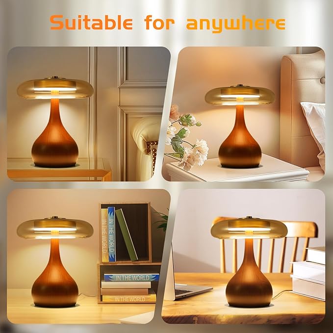 Small Table Lamp for Bedroom-Wooden Base Teardrop Mushroom Table Lamps,Amber Glass Shade,LED Three Color Temperature Adjustable Brightness Modern LED Side Table and Desk Lighting(H 9.7 in) - Bloomnest