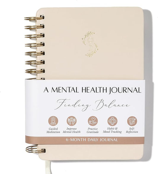 FINDING BALANCE Mental Health Journal – 6-Month Daily Journal with Prompts for Mindfulness, Self-Care & Healing – Anxiety & Depression Relief – Beige Spiral - Bloomnest