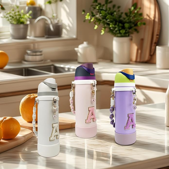 Compatible with Owala Water Bottle Accessories, Cute Letter Charm Set with Boho Handle Strap, Monogram Sticker, Silicone Ring, Keychain Decoration, for FreeSip 24 32 40oz, Owala Kids, Tumbler Gift SITKOL