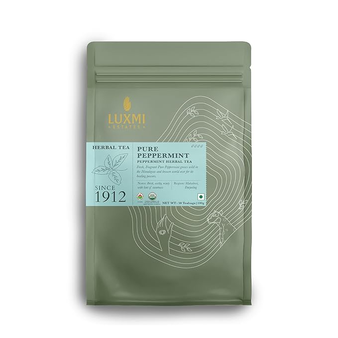 Luxmi Estates Purely Peppermint 50 Tea Bags (100g) Pack | USDA Certified Organic Herbal Tea | Mint Tea Best for Night Time | 50 Cups Bulk Pack - Bloomnest