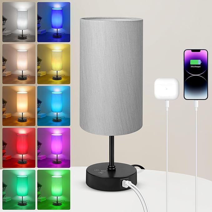Unicozin Small Table Lamp, 7 RGB & 3 CCT 3000K/4500K/6500K, Stepless Dimmable Bedside Lamp with Grey Shade, Touch Control Ambience Nightstand Light for Living Room Dorm Home Decor Party - Bloomnest