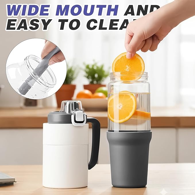 32 oz Glass Tumbler with Handle, 2-in-1 Straw and Sip Spout, Leakproof, BPA-Free Glass Water Bottle for Sports, Office, School, Grey - Bloomnest