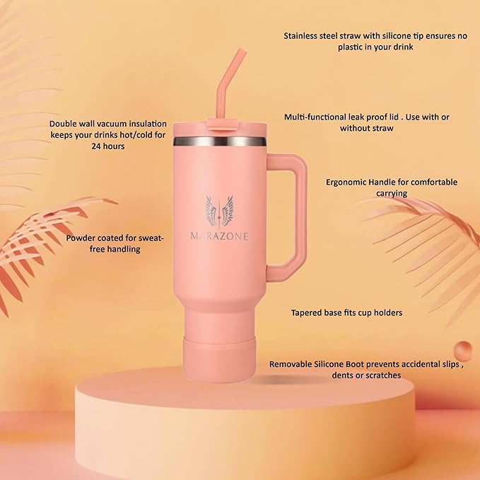 40 oz Insulated Tumbler with Handle and Straw – Double Wall Stainless Steel Vacuum Cup | Car Cup Holder Fit | Hot Cold Travel Mug | BPA Free Reusable Water Bottle Gift for Her (Sunset Pink) - Bloomnest