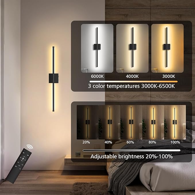 Wall Sconces Battery Operated, Wall Sconces 3000K-6000K Dimmable Rechargeable Wall Sconce with Remote Control, 350°Rotate LED Wireless Wall Lights for Living Room, Hallway, Bedroom(Black) - Bloomnest