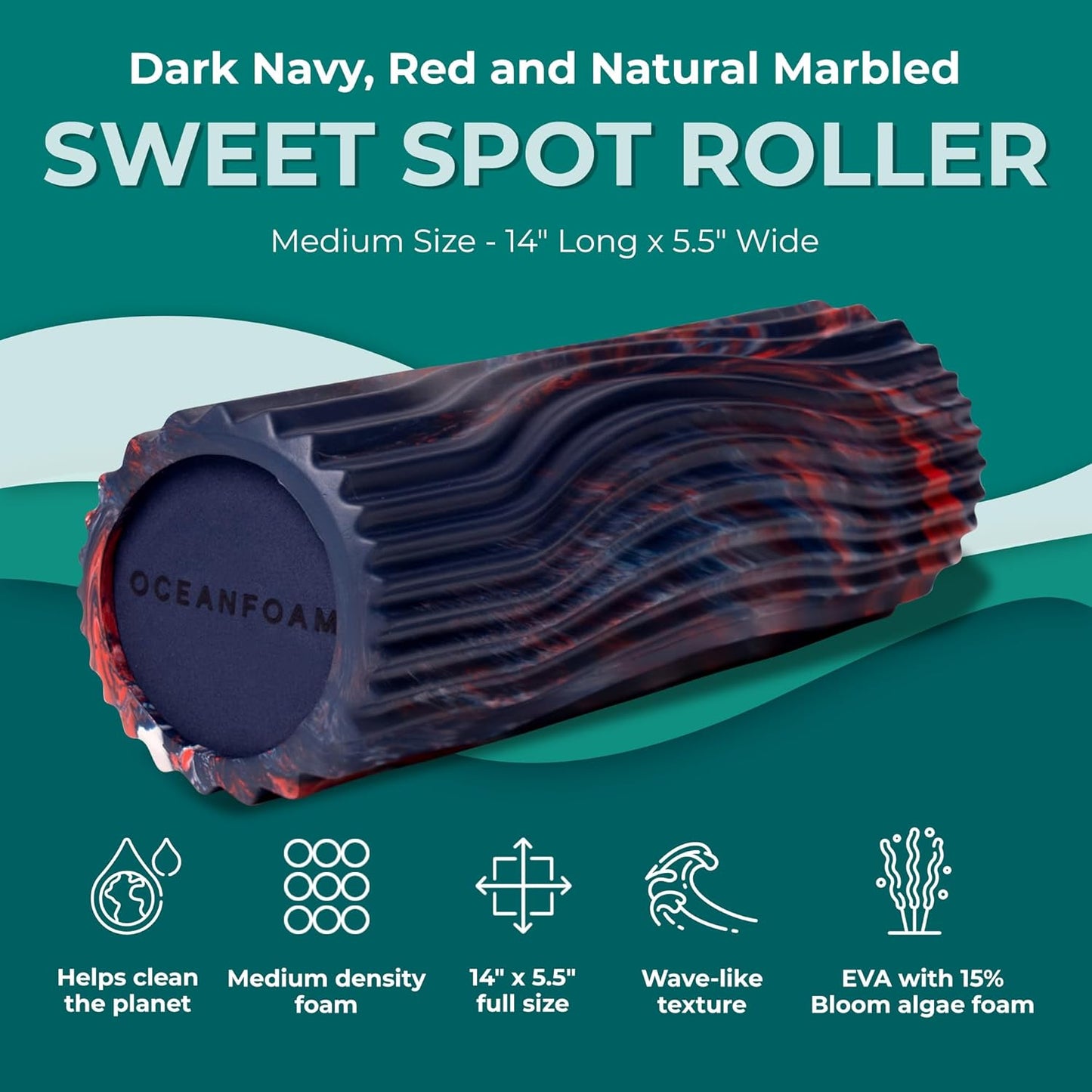 Oceanfoam Sweet Spot Medium Exercise Foam Roller 14"x5.5" – Medium Density Foam Roller for Physical Therapy, Deep Tissue Massage, Yoga, Pilates, Wave Texture (Dark Navy, Red and Natural Marbled)