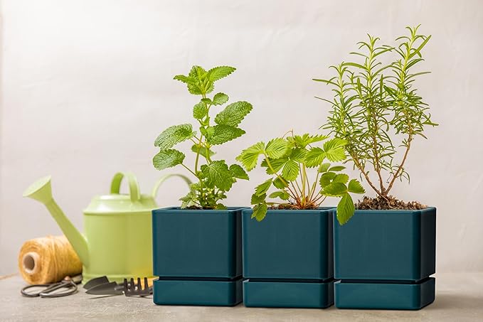 4 Inch Herb Planter Pot, Plastic Planter with Drainage Holes and Saucer, Modern Decorative Gardening Pot for Indoor Plants, Flowers, Herbs, Succulents, Green, Set of 3, 76-Y-C-3 - Bloomnest