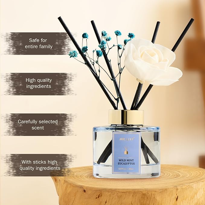 Airkeep Flower Reed Diffusers Set, 5.07 oz Wild Mint&Eucalyptus Scented Oil Diffuser with 8 Reed Sticks, Home Fragrance Diffuser Gift Set for Bathroom & Office Decor 150ml - Bloomnest
