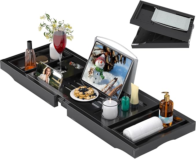 Bathtub Caddy Tray for Tub,Foldable Bath Table Trays,Bamboo Shelf with Book and Wine Glass Holder,Bathroom Accessories Suitable for Luxury Spa or Reading,Black - Bloomnest