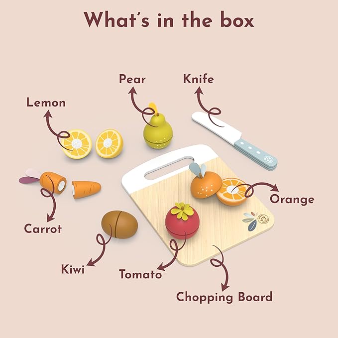 SPEEDY MONKEY Wooden Play Food Set for Toddler – Fruits & Vegetables Cutting Playset, FSC Certified Pretend Food Toy for Kids, Role Play Kitchen Set with Safe Cutting Board & Knife - Bloomnest